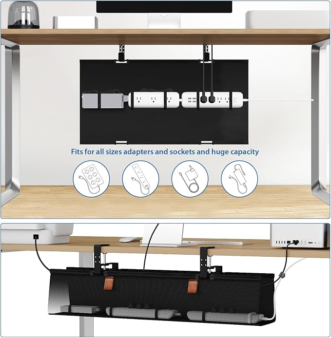 Zilink No Drill Under Desk Cable Management Tray 30" Cord Organizer for Table Clamp/Screw Mount Desk Cable Management Sturdy Waterproof Fabric Cord Hiders for Office, Home