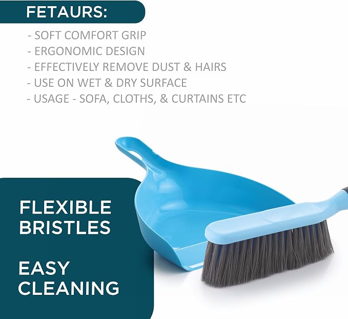 Dustpan with Multi-Purpose Dusting Brush, Dust Pan Set, Brust Set for Cleaning, Cleaning Combo Set, Portable & Easy to Store, Blue