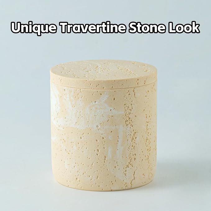 Bathroom Accessories Set, Travertine Stone-Look, 6 PCS, Yellow | Bathroom Accessory Set with Soap Dispenser, Toothbrush Holder, Tumbler, Vanity Tray, Cotton Swab Jars for Countertop