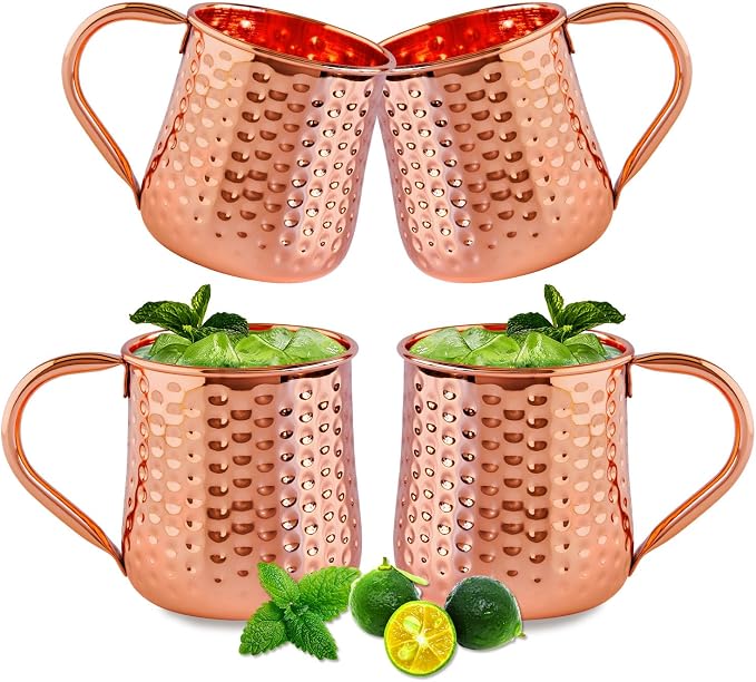 UNISWEET Moscow Mule Pure Copper Mugs - Set of 4-100% Pure Copper Hammered coffee cup, Perfect For Wine, Beer, Cold Drink, Bar, Party, Gifts (Big Belly Copper Mugs)
