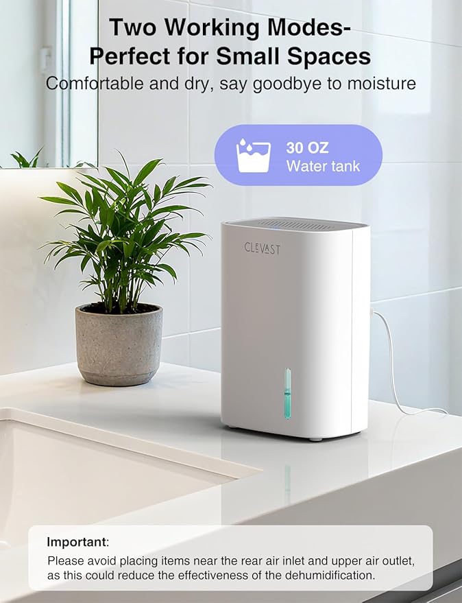 CLEVAST Small Dehumidifier for Home, 30oz Quiet Mini Dehumidifier for Bathroom, Bedroom & Closet, Portable Compact Dehumidifier for RV, Camper