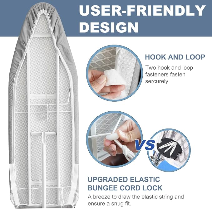VividPaw 14x42 Inch Over-The-Door Ironing Board Cover with User-Friendly Design, Heavy-Duty Padding, Adjustable Elastic Drawstring and Fasteners - Replacement Iron Board Cover (Grey, 14" x 42")