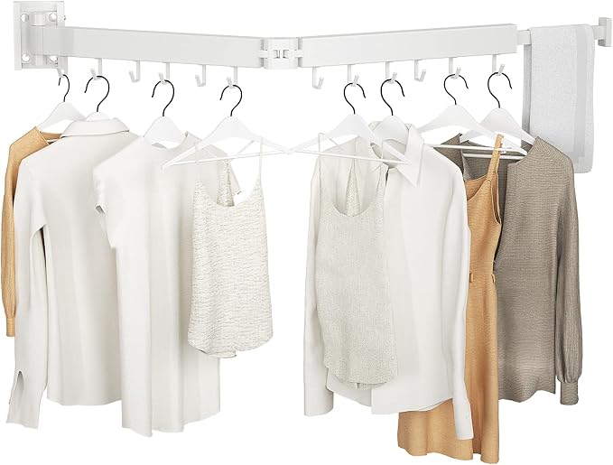 Kelisiting Foldable Clothes Drying Rack, 2 Fold Laundry Drying Rack Wall Mount, [No Drilling] Folding & Durable Space Saver for Laundry, Balcony, Bathroom, Patio, Dormitory, Apartment-White