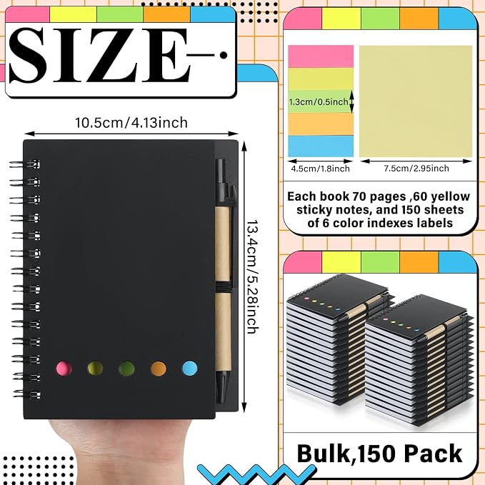 Qilery 150 Pack Lined Spiral Notebook Small Notepad and Pen Set Steno Pads Lined Notepad Black Pocket Notebook for Business Office Supplies