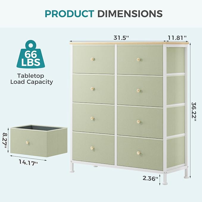 OLIXIS 8 Drawer Storage Dresser with Wood Top - Wide Fabric Chest Organizer for Bedroom, Closet, Living Room,Tower Cabinet, TV Stand, Hallway Entryway Furniture, Light Green