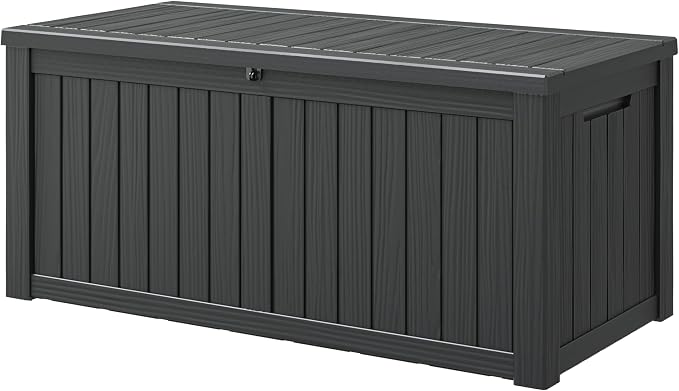 150 Gal Deck Box,Outdoor Storage Box Waterproof Lockable,Gas Lift,Black | Large Resin Deck Box, UV-resistant all-weather, lockable storage for patio furniture, garden tools, pool accessories, black