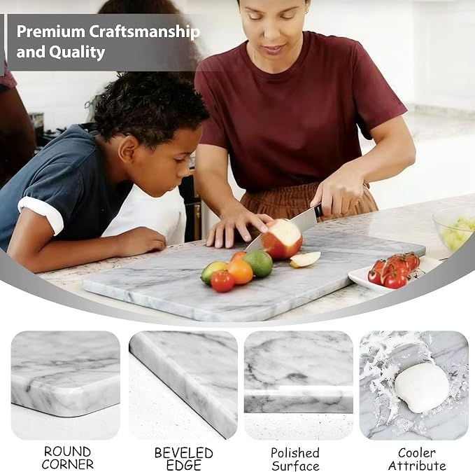 Carrara Marble Cutting Board for Kitchen, 20 x 16 Inch Large Marble Pastry Slab, White Stone Cutting Board for Dough Kneading, Baking, Rolling, Cheese