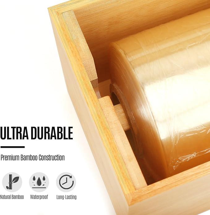 Libreshine 18 Inch Plastic Wrap Dispenser with Cutter & Roller, Heavy Duty Bamboo Commercial Film Wrap Holder for 3000ft Food Service Cling Film, 1000ft Foil, Butcher/Freezer/Kraft Paper