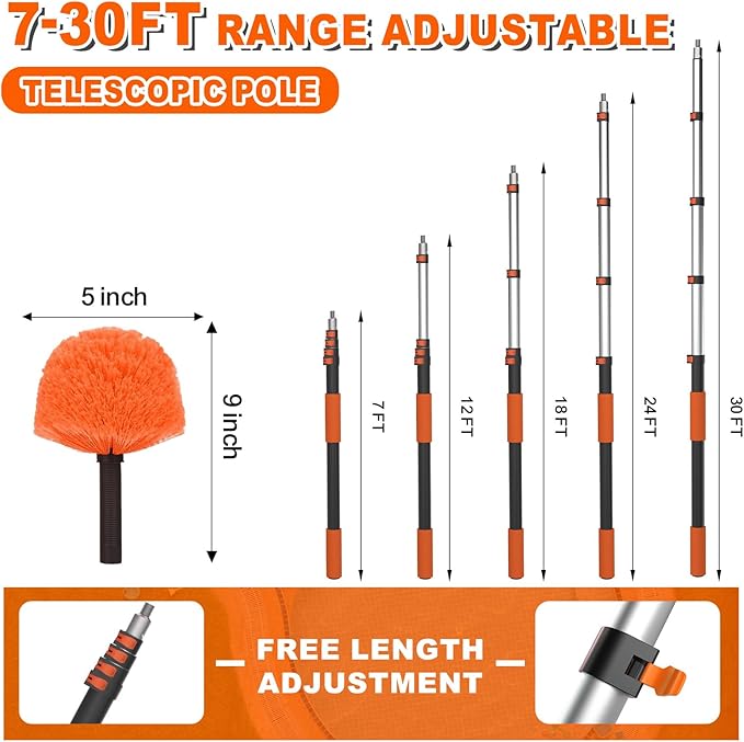SISUPASSIE 36FT Reach Cobweb Duster with Extension Pole, High Ceiling Long Duster with 7-30FT Telescoping Pole, Spider Web Brush for Indoor Outdoor Use