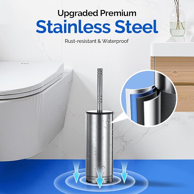 HAMITOR Toilet Brush and Holder Set: 304 Stainless Steel Heavy Duty Deep Cleaning Bowl Cleaner Brush with Curved Bristle - Wall-Mounted for Home Apartment Bathroom Accessories Silver 1 Pack