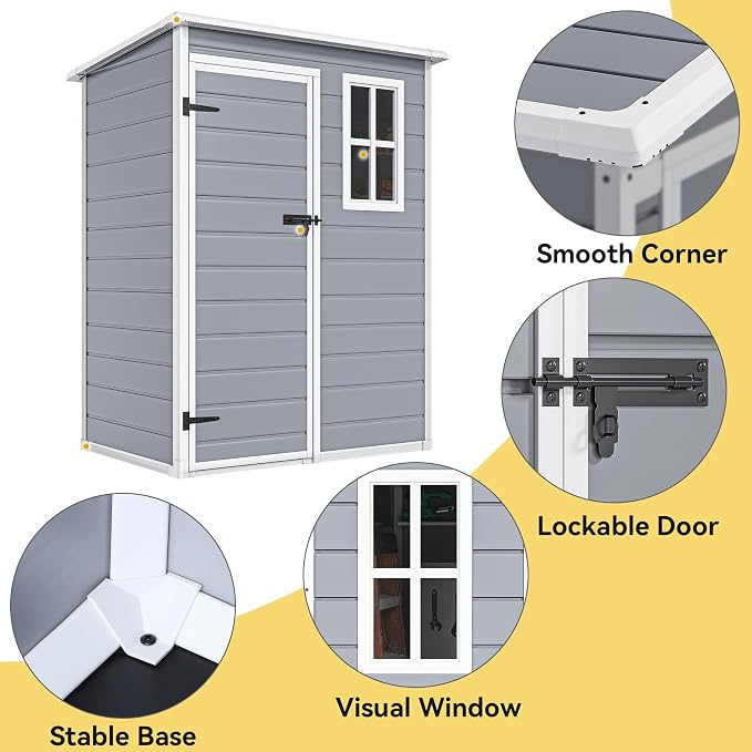 DWVO 5x3 FT Outdoor Storage Shed with Reinforced Floor, All-Weather Resin Storage Shed with Lockable Door & Window, Waterproof Plastic Tool Shed for Garden, Backyard, Patio, Lawn