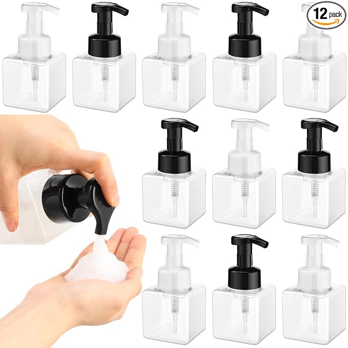 Domensi Foaming Soap Dispenser 8.5 oz Foam Pump Bottle Bulk Empty Travel Foaming Dispenser Refillable Hand Soap Plastic Pump Bottle Travel Clear Container for Bathroom Vanities(12 Pcs,Black White)