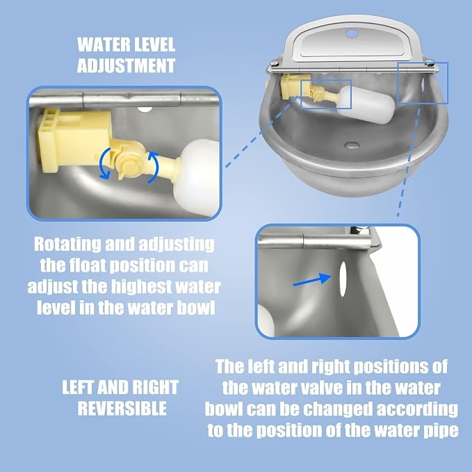 Ademon Automatic Animal Drinking Water Bowl with Float Valve, Standard Pipe,3L Stainless Steel Waterer Feeder Farm Dog Dispenser Kit Self Filling for Livestock Horse Goat Water Trough