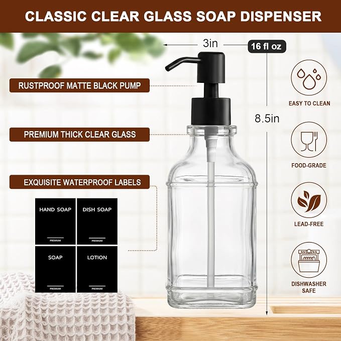 Kitchen Soap Dispenser Set with Wood Tray, Clear Glass Soap Dispenser with Pump, Decorative Hand and Dish Soap Dispenser Set, Soap and Lotion Dispenser Upgrade for Kitchen and Bathroom Decor