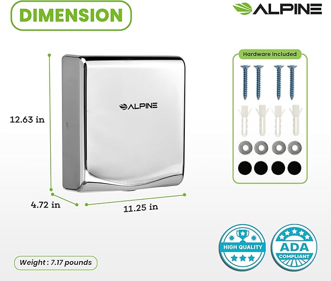Alpine Commercial Hand Dryer with HEPA Filter, 8 Seconds Extreme Speed Electric Hand Dryer for Home Bathroom/Restaurant with Heat & Speed Control - ADA Compliant (120V Chrome)