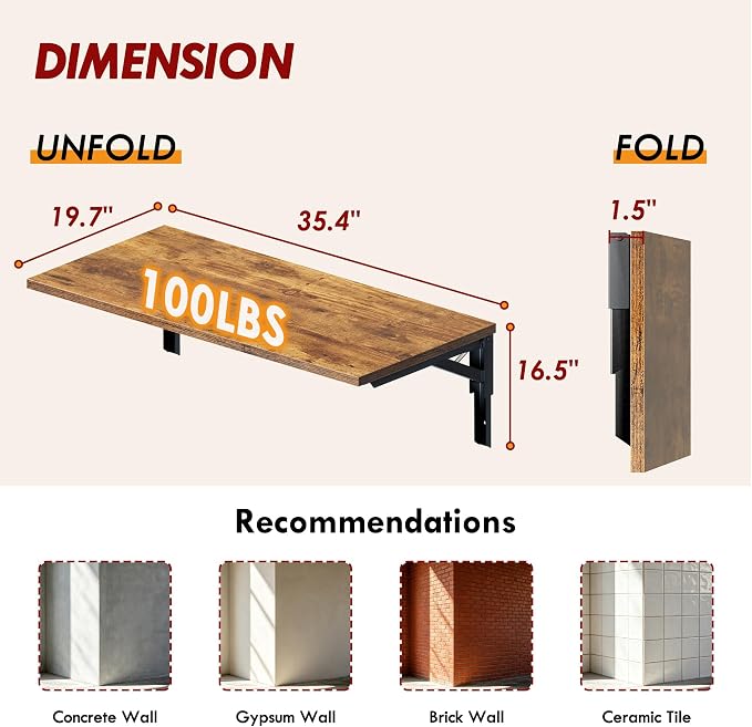 Need 36x20IN Wall Mounted Folding Table for Office Laundry Retro | Black Frame Fold Down Wall Mount Desk Folding Wall Table for Small Apartment, Garage&Ironing Station