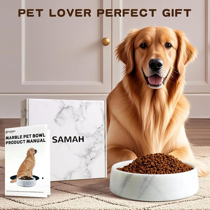 SAMAH White Marble Dog Bowl, Non-Slip Dog Food Water Bowl, Small Weighted Stone Dish, Natural Marble Heavy Pet Bowl, Easy to Clean, Gifts for Cat Lovers, Perfect Cat Dog Gifts, Holds 4 Cups(5 lbs)