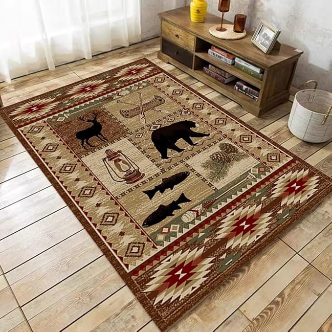 Cabin Bear Rugs for Living Room Luxury American Country Style Large Carpet Non-Slip Moose Deer Rug Pine Cone Floor Mat 6'x9'