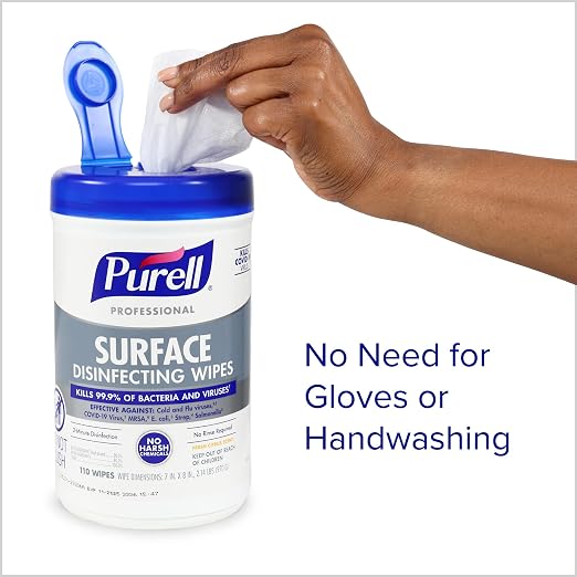 PURELL Professional Surface Disinfecting Wipes, Citrus Scent, 110 Count Canister, 7"x 8" Wipes (Pack of 6) - 9342-06