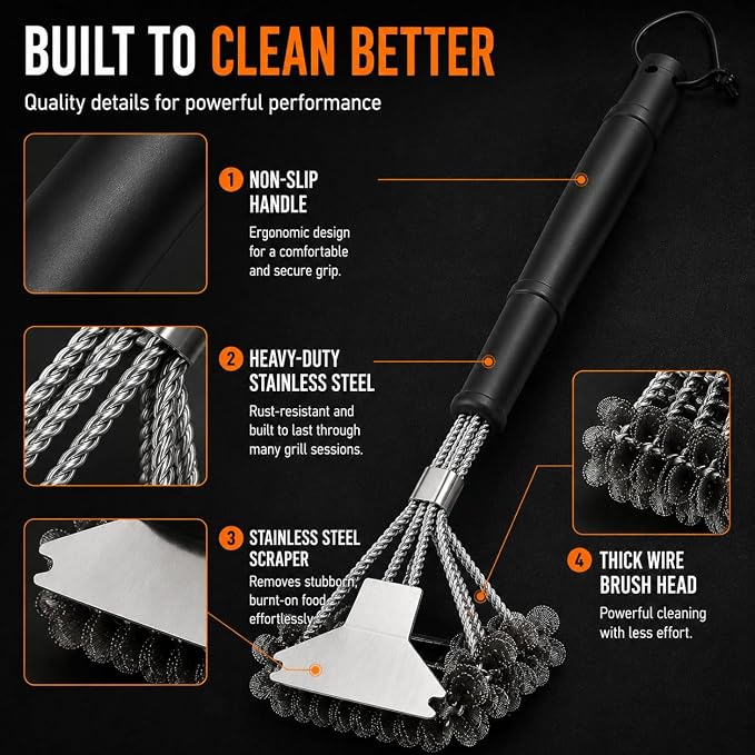 3PCS BBQ Grill Cleaning Brush for Cuisinart CGG-240 2013-2021 | 17.3" Bristle-Free Grill Brush with Scraper | 16.4" Overlapping Coil Brush | 17.5"3-Row Wire Bristle Grill Brush with Scraper