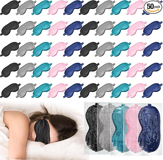 Newcotte 50 Pcs Silk Sleep Eye Mask for Sleeping Adjustable Elastic Strap Blackout Smooth Soft No Pressure Eye Covers for Women and Men Comfortable Blindfolds (Black, Gray, Green, Pink, Navy Blue)