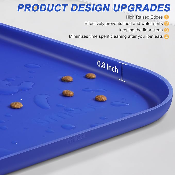 SMILOOL Waterproof Silicone Pet Food Mat with Raised Edge for Dog & Cat | 24" x 16" Non-Slip Pet Feeding Mats with Lip for Food & Water Bowl, Food Grade, Easy Cleaning, Navy Blue