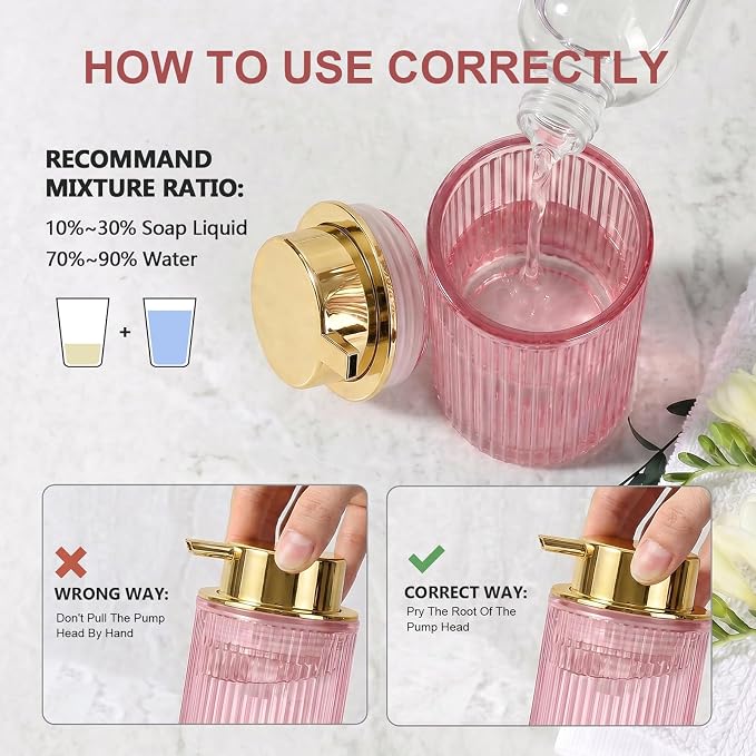 KASUNTING Pink Glass Foaming Soap Dispenser, Ribbed Foam Hand Soap Dispenser for Bathroom, 11 Fl Oz Refillable Foaming Pump Bottle with Black Pump, Modern Dish Soap Foam Dispenser