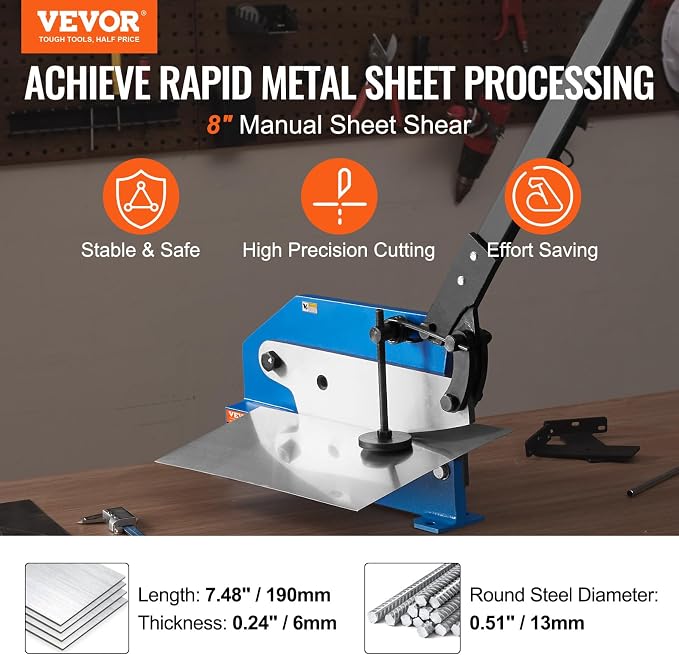 VEVOR Hand Plate Shear 8", Manual Metal Cutter Cutting Thickness1/4 Inch Thick Max, Metal Steel Frame Snip Machine Benchtop 7/16 Inch Rod, for Shear Carbon Steel Plates and Bars , Blue