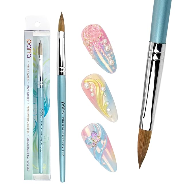 PANA Pure Kolinsky Hair Acrylic Nail Brush - Oval Crimped Shape Silver Ferrule with Teal Wood Handle (Size 6)
