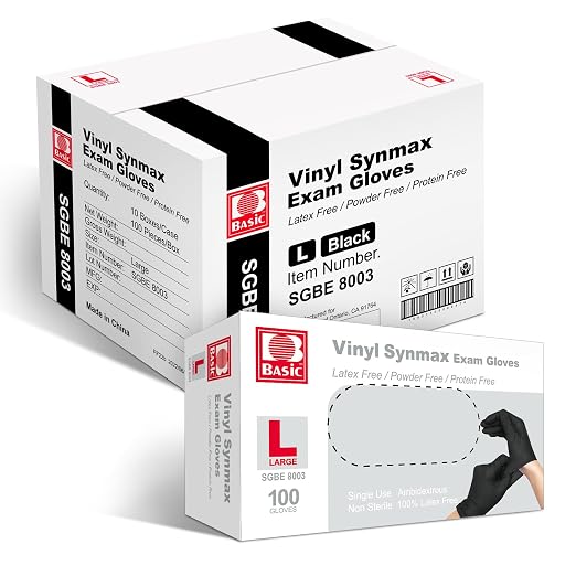 Basic Disposable Medical Synmax Vinyl Exam Gloves - 4 mil Safty Glove 1000pcs - Latex-Free & Powder - SGBE 8003, Large (Case of 1000, Black)