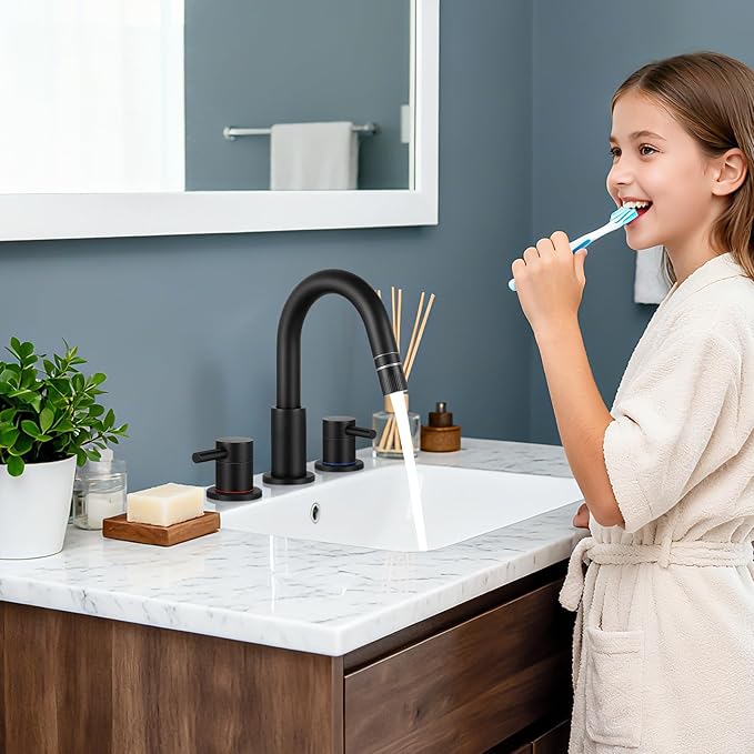 Matte Black Pull Down Bathroom Faucet 3 Hole with Pop Up Drain, Bathroom Sink Faucet with Pull Down Sprayer 2 Modes, 8 inch Widespread Gold Faucet for Bathroom Sink, 2 Handle Vanity Faucet