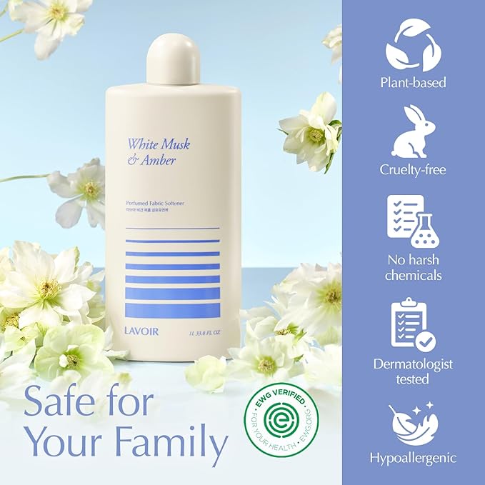 LAVOIR Perfumed Liquid Fabric Softener | White Musk & Amber Luxury Scent, Long-Lasting Freshness, Premium Fabric Conditioner, Softens Fabrics, Plant-Based Concentrated, Hypoallergenic | 33.8 Fl Oz