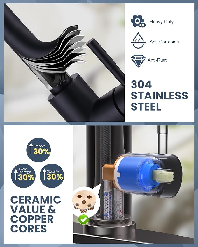 Kitchen Faucet with Air Gap: WOWOW Stainless Steel Kitchen Sink Faucet and Dishwasher Air Gap Kits for Kitchen Sink 2 or 4 Hole, Matte Black Finish