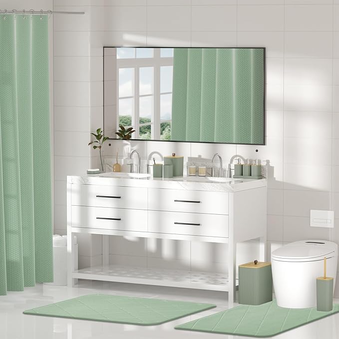 Bathroom Accessory Set - Bathroom Sets with Shower Curtain and Rugs, Sage Green Bathroom Set, 27PC Bathroom Accessories Set, Mini Trash Can, Toilet Brush, Trash Can & Soap Dispenser