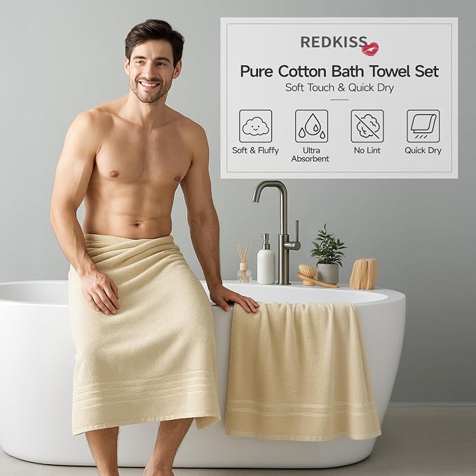 REDKISS Beige Towels Set 6 Piece Cotton Towel Sets with 2 Bath Towels, 2 Hand, 2 Washcloths, 650GSM Hotel Quality, Soft, Highly Absorbent Towels for Bathroom Gym, Ideal Everyday Use