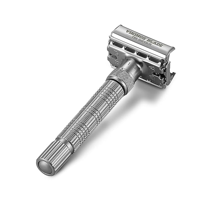 VIKINGS BLADE Adjustable Double Edge Safety Razor + Luxury Case. Smooth, Reusable, Eco-Friendly (The Emperor “Frosted Chrome”)