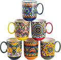 Henten Home Ceamic Coffee Mug Set of 6, 14 oz Colorful Latte Cup with Handle, Boho Floral Mug for Hot Cocoa, Milk, Tea, Chocolate, Microwave & Dishwasher Safe