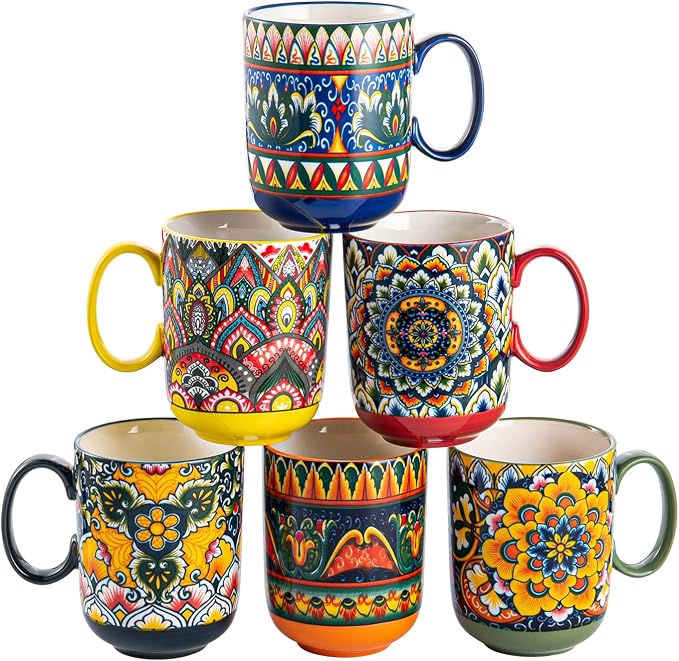 Henten Home Ceamic Coffee Mug Set of 6, 14 oz Colorful Latte Cup with Handle, Boho Floral Mug for Hot Cocoa, Milk, Tea, Chocolate, Microwave & Dishwasher Safe