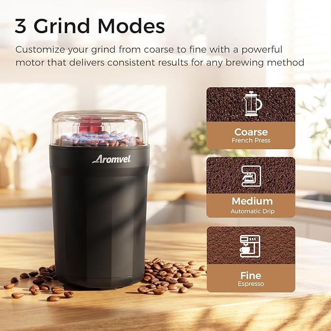 Electric Coffee Grinder, One Touch Coffee Mill with Stainless Steel Blades, Adjustable Coarse to Fine for Coffee Beans, Spice & Dry Grinding, 2-in-1 Cleaning Brush & Scoop, Safety Lid