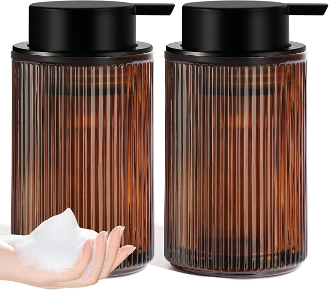 KASUNTING Amber Glass Foaming Soap Dispenser, Ribbed Foam Hand Soap Dispenser for Bathroom, 11 Fl Oz 2 Pack Refillable Foaming Pump Bottle with Black Pump, Modern Dish Soap Foam Dispenser