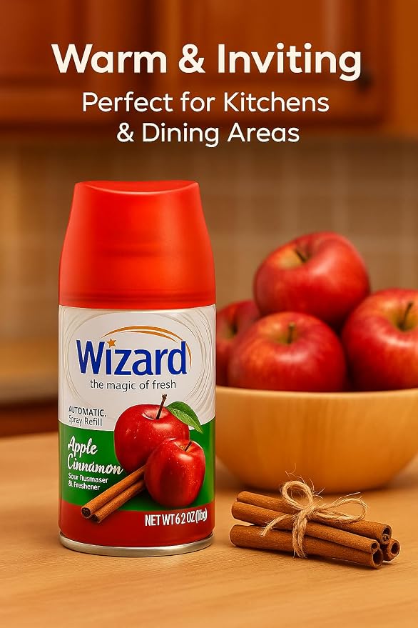 Wizard Automatic Spray Refill – Apple Cinnamon, 5 oz (12 Pack) | Compatible with Air Wick Freshmatic & Glade Dispensers | Long Lasting Odor Neutralizer for Home & Office