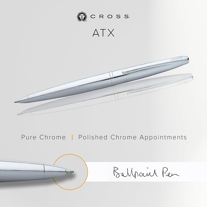 Cross ATX Pure Chrome Ballpoint Pen - Refillable Pen for Smooth Writing - Black Ink - Comfortable Grip - Long-Lasting - Professional Office Supplies - Gift Box Included