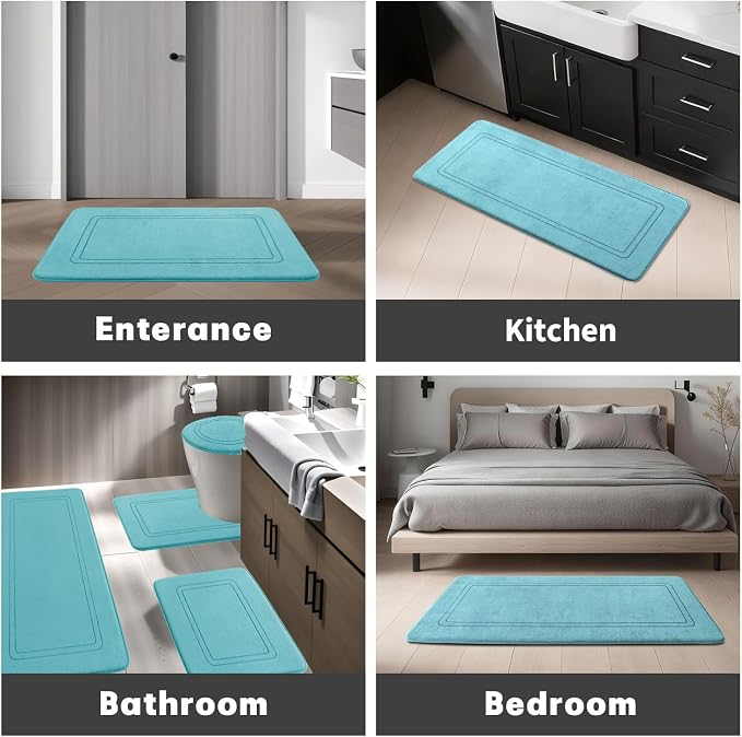 YIHOUSE Memory Foam Bath Mat Set, Bathroom Rugs Sets 3 Pieces, Non Slip Bath Mats for Bathroom, Super Soft and Water Absorbent Bath Rug Sets, Machine Washable U Shape Toilet Mats Set,Teal