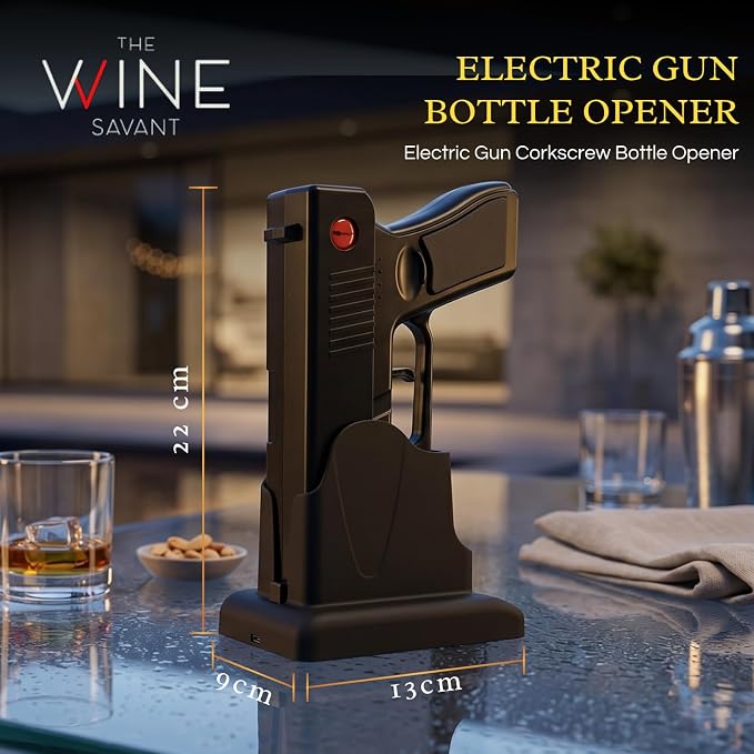 Electric Gun Wine Corkscrew Bottle Opener - Rechargeable Holster Base Cordless Battery - Automatically Open Wines Multifunctional Electronic Cork Puller - Guns Enthusiasts Gift & Vino Lovers (Black)