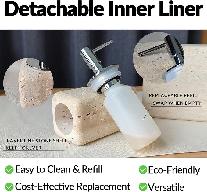 Travertine Soap Dispenser Bathroom Accessories, Natural Organic Premium Square Stone Lotion Dispenser with Metal Pump, Elegant Kitchen Hand Lotion Jar Soap Pump for Laundry Room Home Decor (Natural)