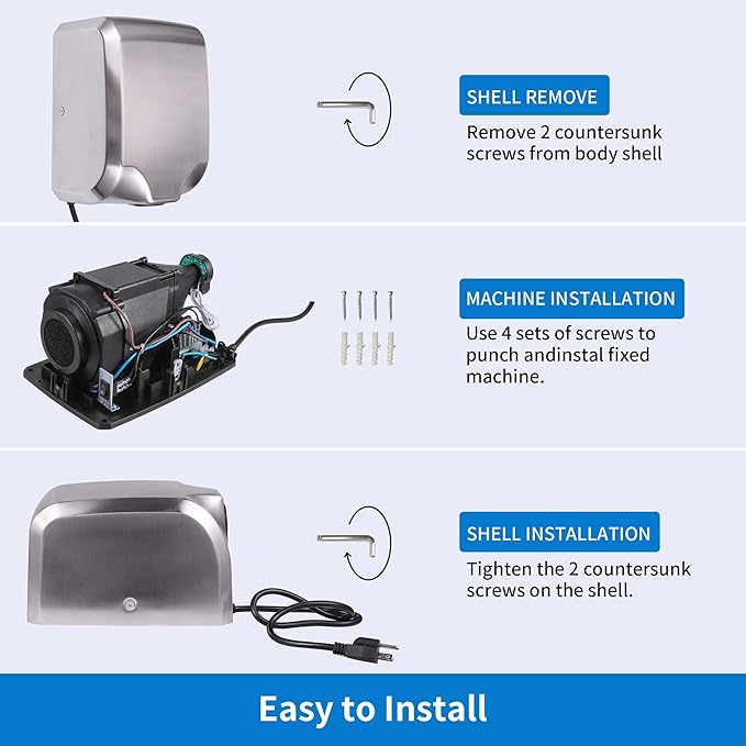 Goetland 304 Stainless Steel Hand Dryer Commercial Compact 1350w 70dB Heavy Duty Dull Polished for Bathroom Home Business Apartment
