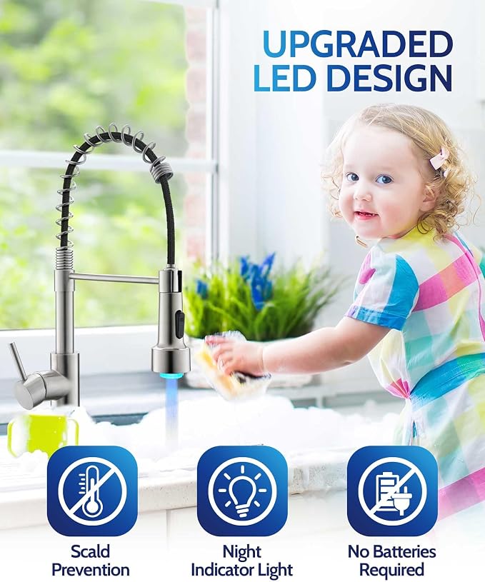 LUFEIDRA Kitchen Faucet with Sprayer LED Light, High Arc Spring 304 Stainless Steel Single Handle LED Faucets, Kitchen Sink Faucet for Bar Sink Rv, Brushed Nickel, Pot Filler Faucets