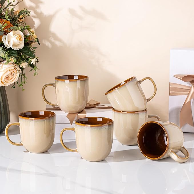 LERATIO Ceramic Coffee Mugs Set of 6,12oz Handmade Coffee Mugs Set | Large Handle for Cappuccino/Latte/Tea/Hot Cocoa,Oven &Dishwasher & Microwave Safe-Pale Kahki
