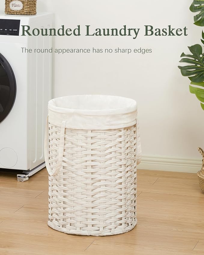 SETVSON Laundry Hamper Laundry Basket Round 19.0 Gal (72 L) Handwoven Rattan Hamper, Large Wicker Laundry Hamper with Removable Laundry Bag Handles 2 Mesh Bags for Bedroom Living Room White (No Lid)