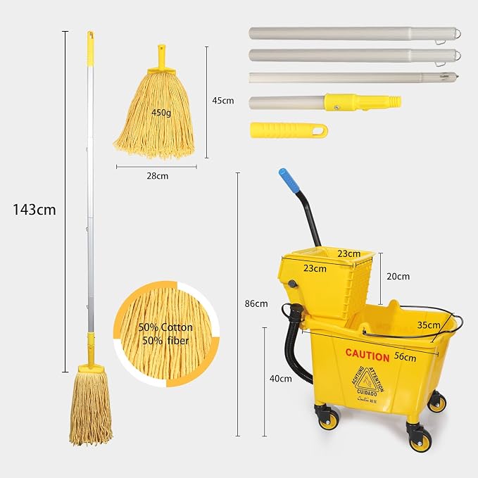 35-Quart Commercial Mop Bucket Set with Wringer on Wheels, Yellow | Mop And Bucket Set for Floor Cleaning , Including Commercial Mop and Mop Head Replacement